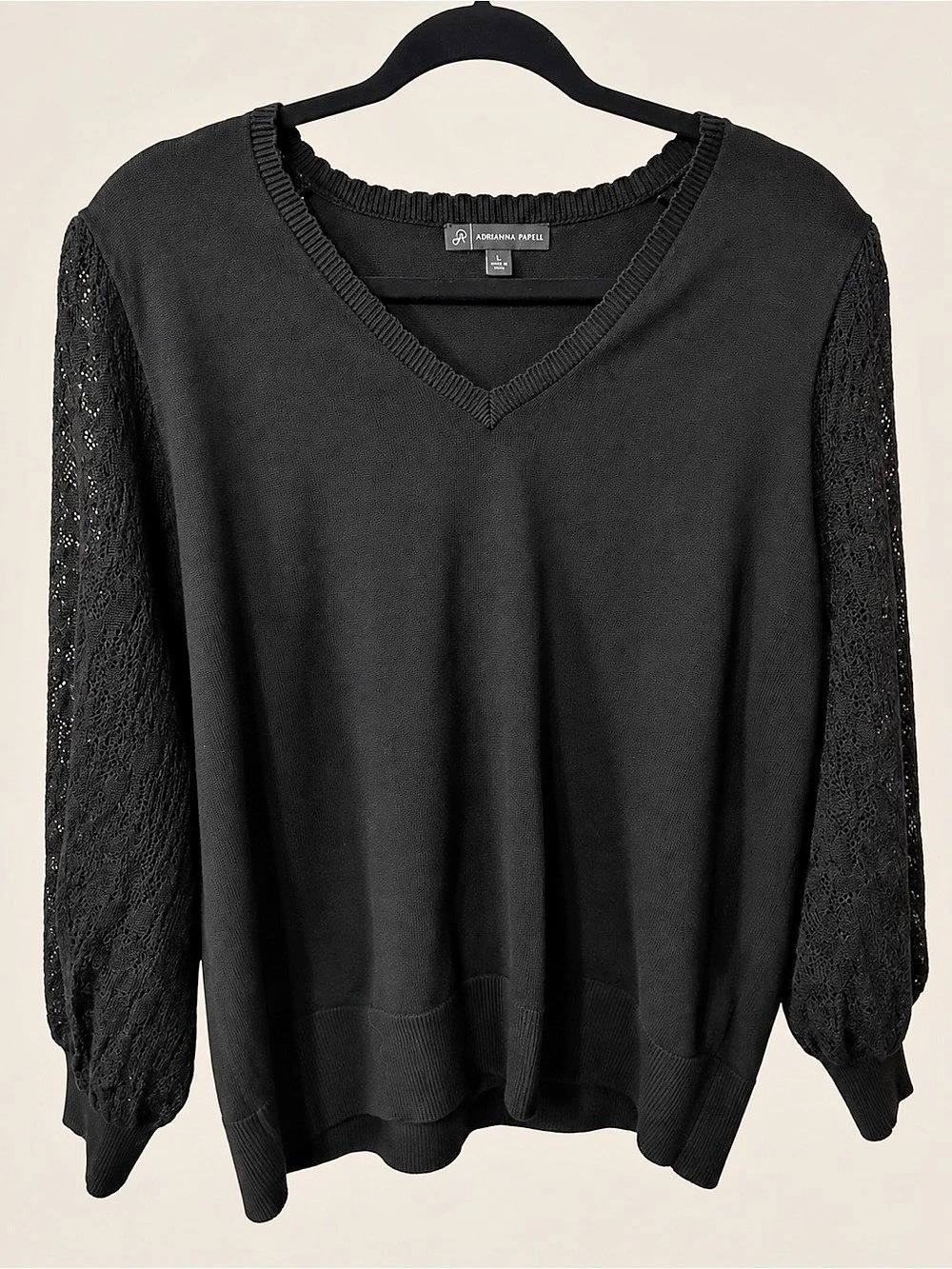 Adrianna Papell Black Lace Sleeve Sweater XL Dark Romance Statement Sleeve